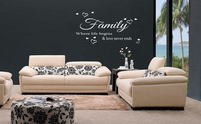 Family Where Life Begins Love Heart Art Wall Quote Stickers Wall Decals