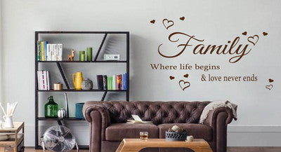 Family Where Life Begins Love Heart Art Wall Quote Stickers Wall Decals