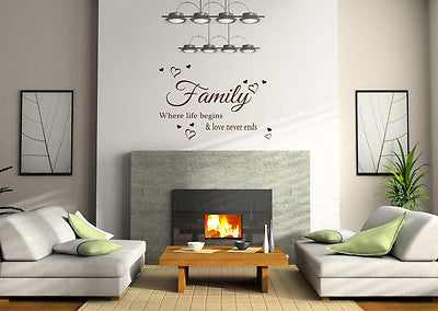 Family Where Life Begins Love Heart Art Wall Quote Stickers Wall Decals