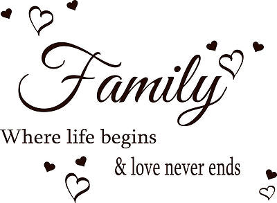 Family Where Life Begins Love Heart Art Wall Quote Stickers Wall Decals