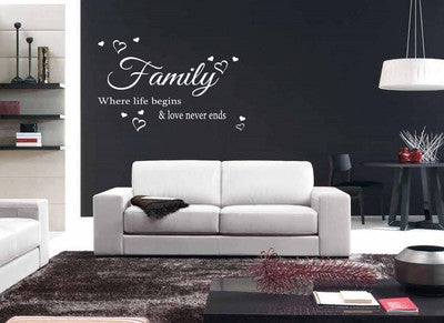 Family Where Life Begins Love Heart Art Wall Quote Stickers Wall Decals