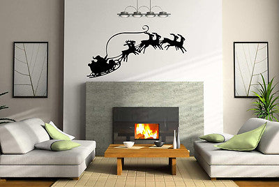 Santa Sleigh Reindeer Christmas Vinyl Decal - Festive Wall Art, Easy Application