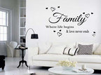 Family Where Life Begins Love Heart Art Wall Quote Stickers Wall Decals