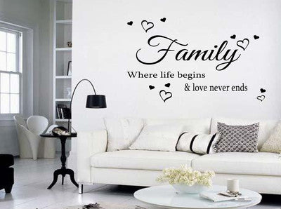 Family Where Life Begins Love Heart Art Wall Quote Stickers Wall Decals