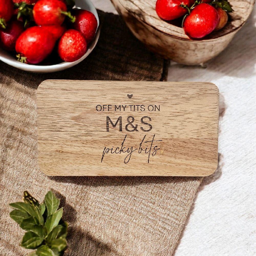Personalised Off His/Her Tits on Picky Bits – Engraved Wooden Board