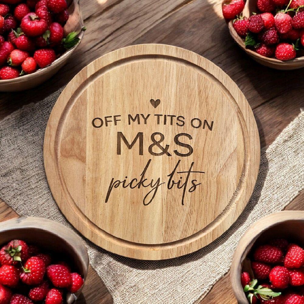 Personalised Off His/Her Tits on Picky Bits – Engraved Wooden Board