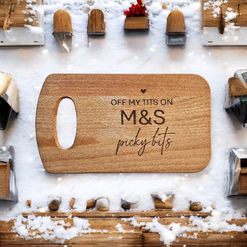 Personalised Off His/Her Tits on Picky Bits – Engraved Wooden Board