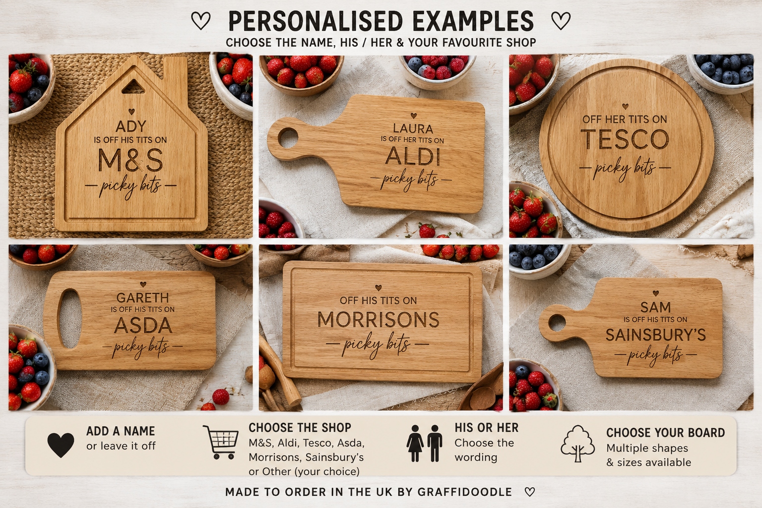 Personalised Off His/Her Tits on Picky Bits – Engraved Wooden Board