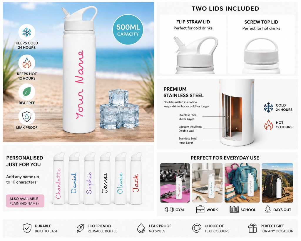 Personalised 500ml Insulated Water Bottle with Straw – Custom Name Bottle