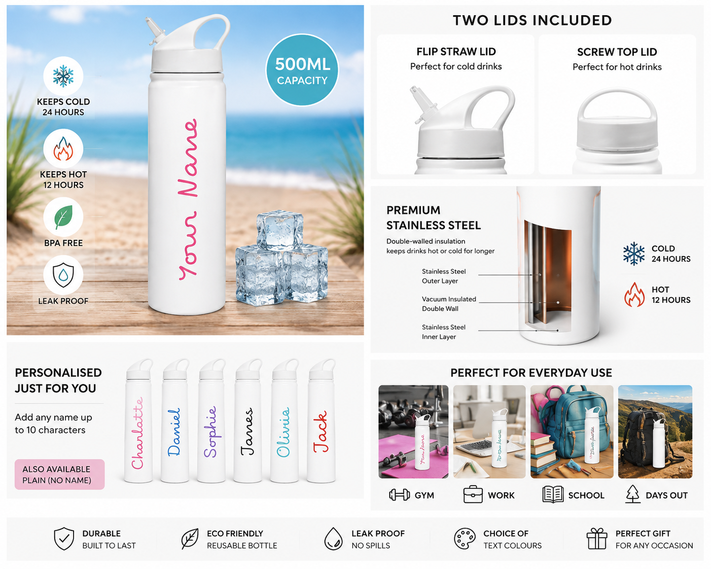 Personalised 500ml Insulated Water Bottle with Straw – Custom Name Bottle