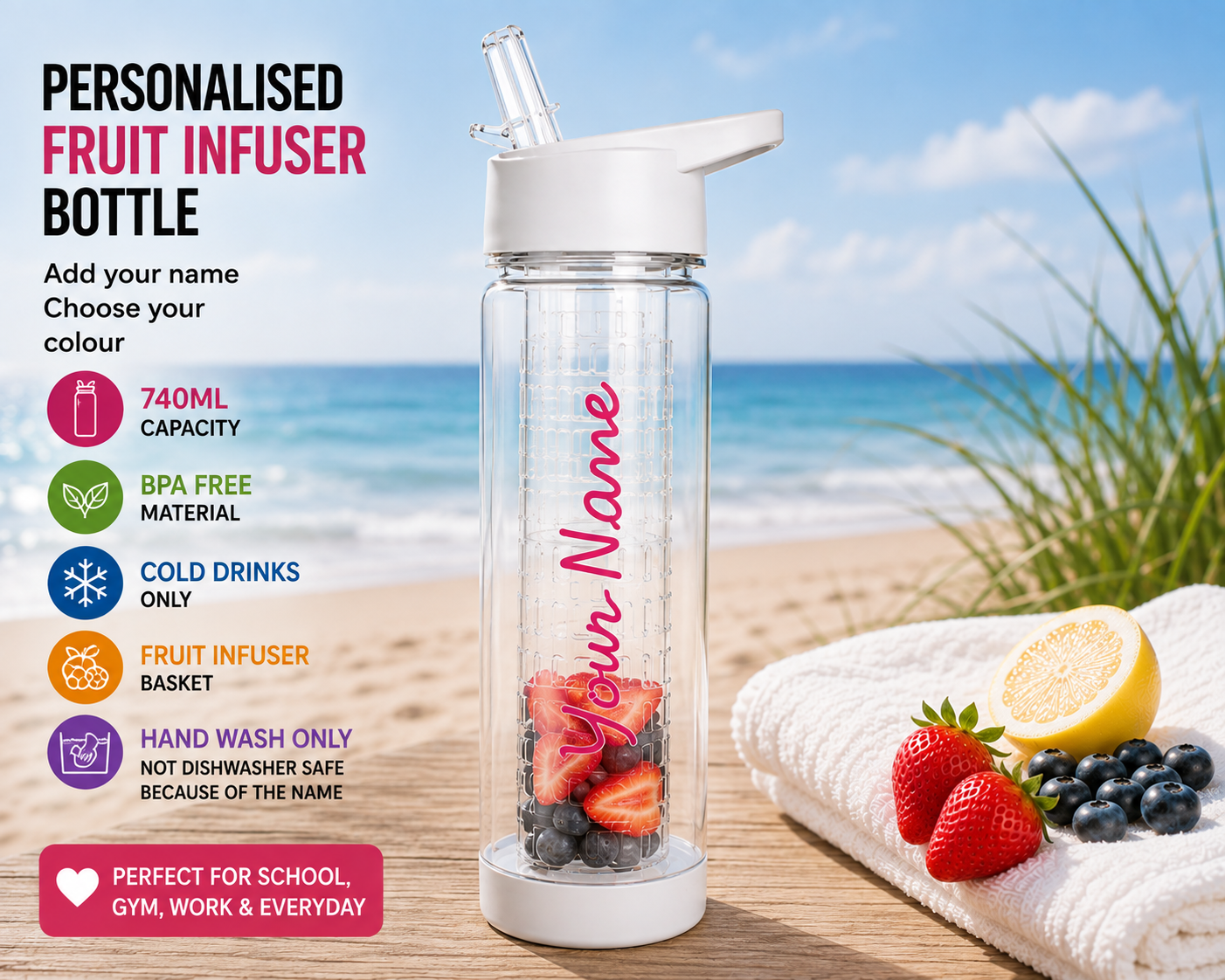 Personalised 740ml Fruit Infuser Water Bottle with Straw – Custom Name