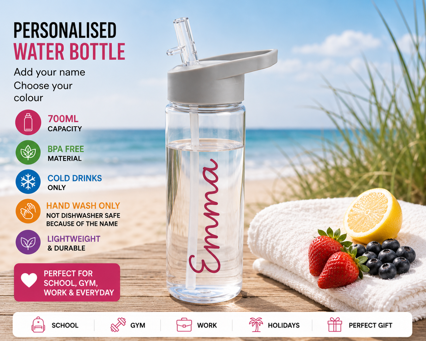 Personalised 700ml Water Bottle with Straw – Custom Name BPA-Free Bottle