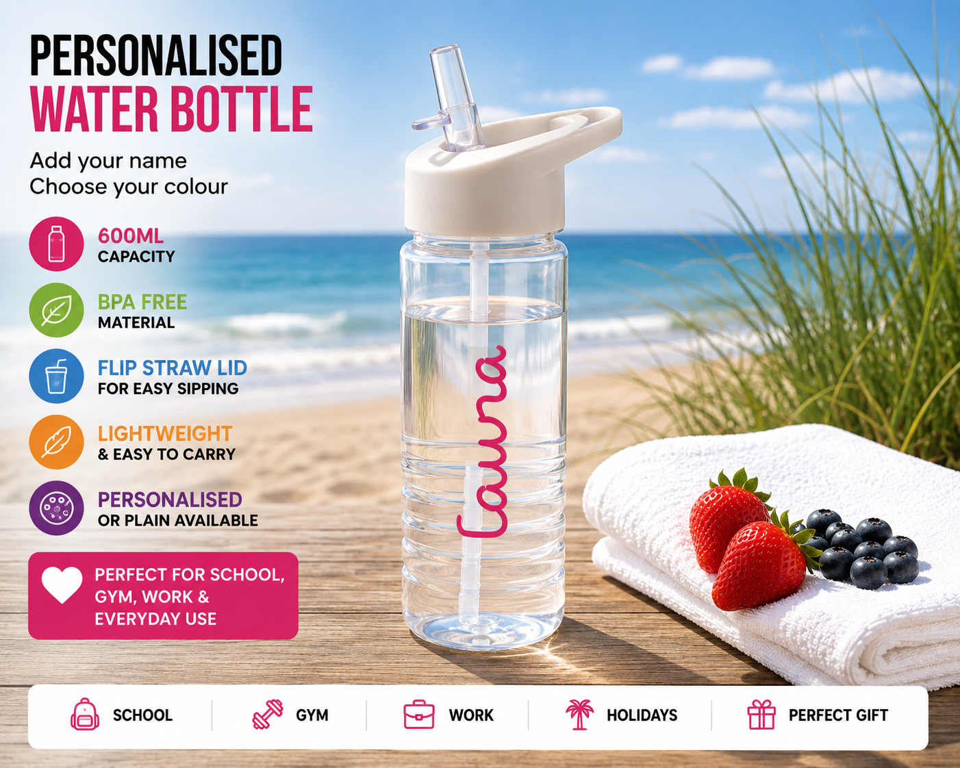 Personalised 600ml Swirl Water Bottle with Straw – Custom Name BPA-Free Bottle