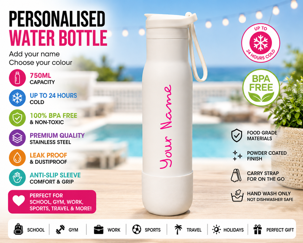 Personalised 750ml Insulated Stainless Steel Water Bottle – Custom Name