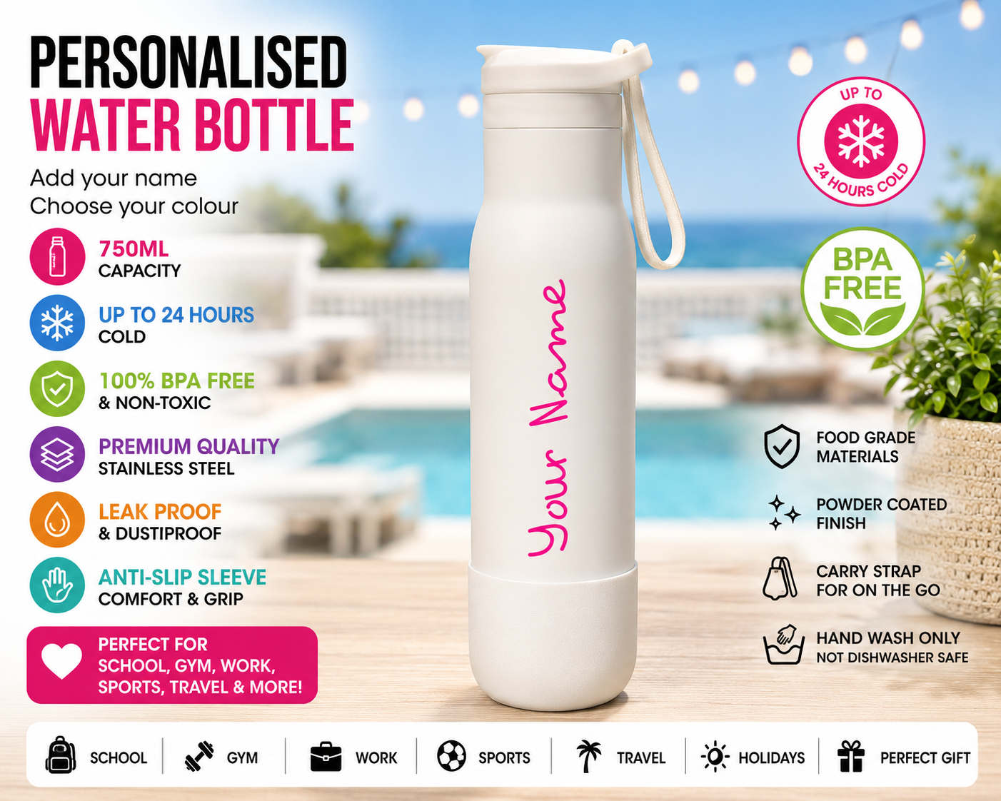 Personalised 750ml Insulated Stainless Steel Water Bottle – Custom Name