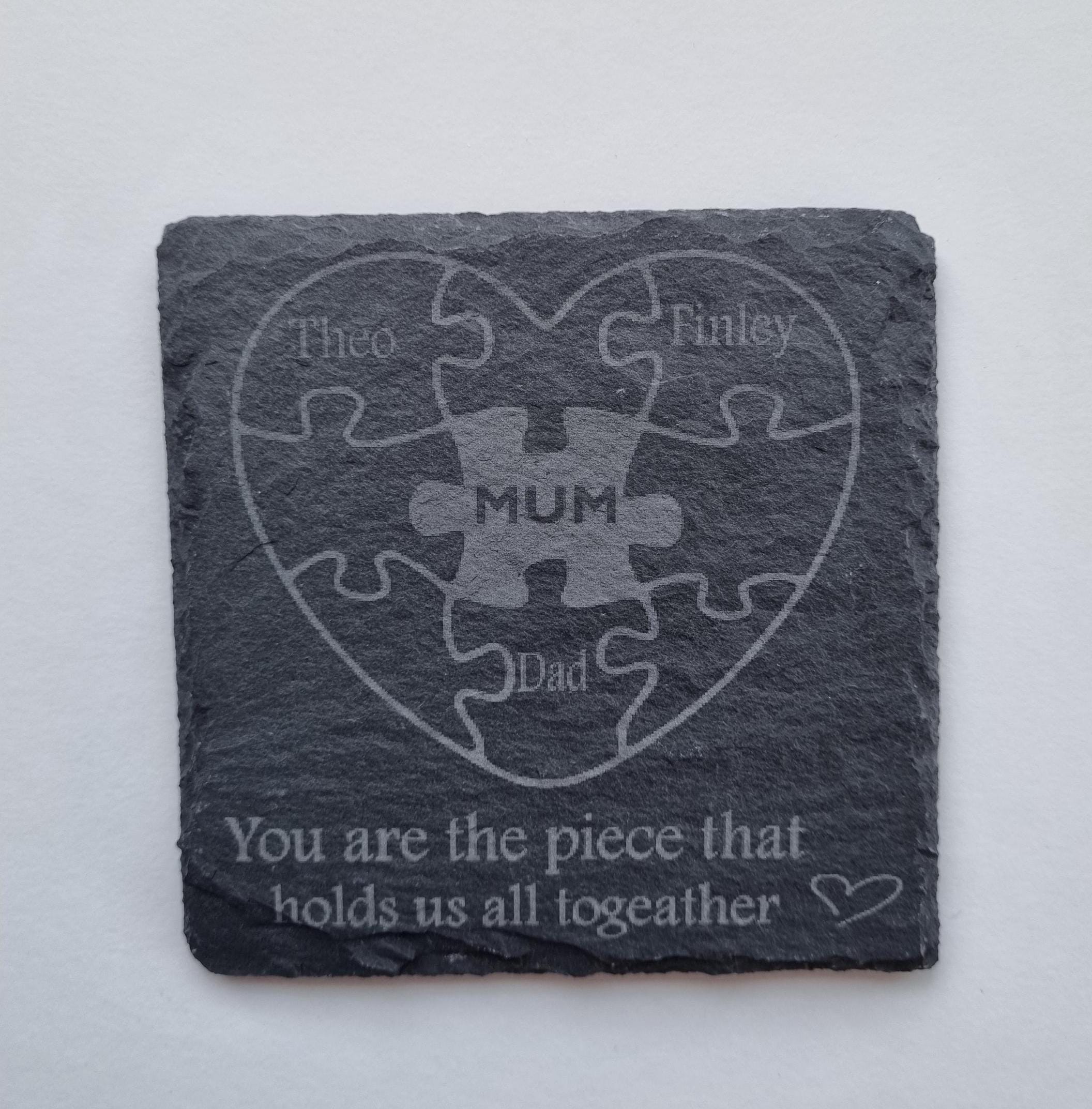 Personalised Slate Coaster | Laser Engraved Heart, Family Names, Mum Gift