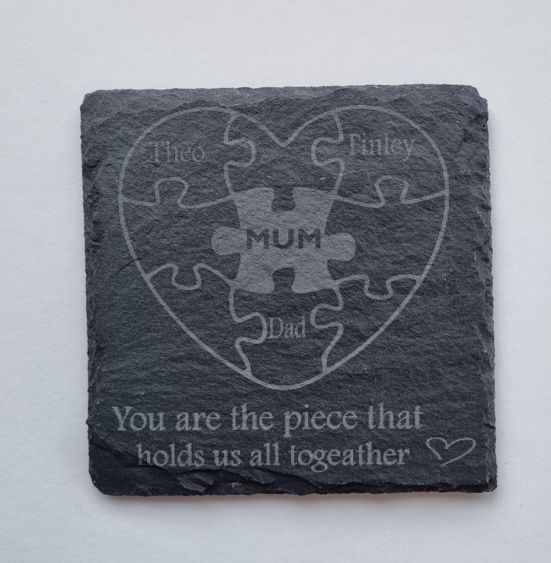 Personalised Slate Coaster | Laser Engraved Heart, Family Names, Mum Gift