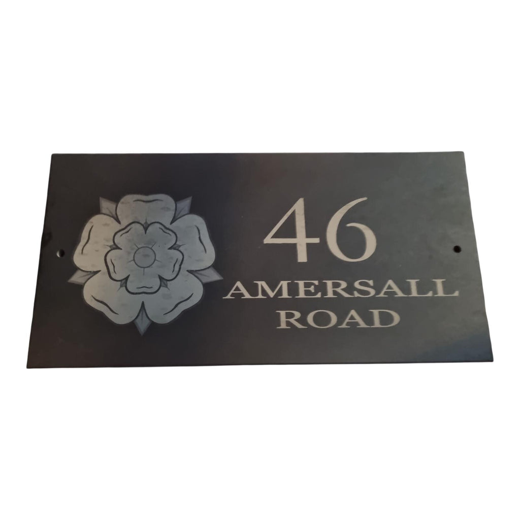 Custom slate house sign 300x150mm, laser engraved with number, street name & image. Pre-drilled, smooth finish, fixings included