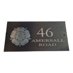 Custom slate house sign 300x150mm, laser engraved with number, street name & image. Pre-drilled, smooth finish, fixings included
