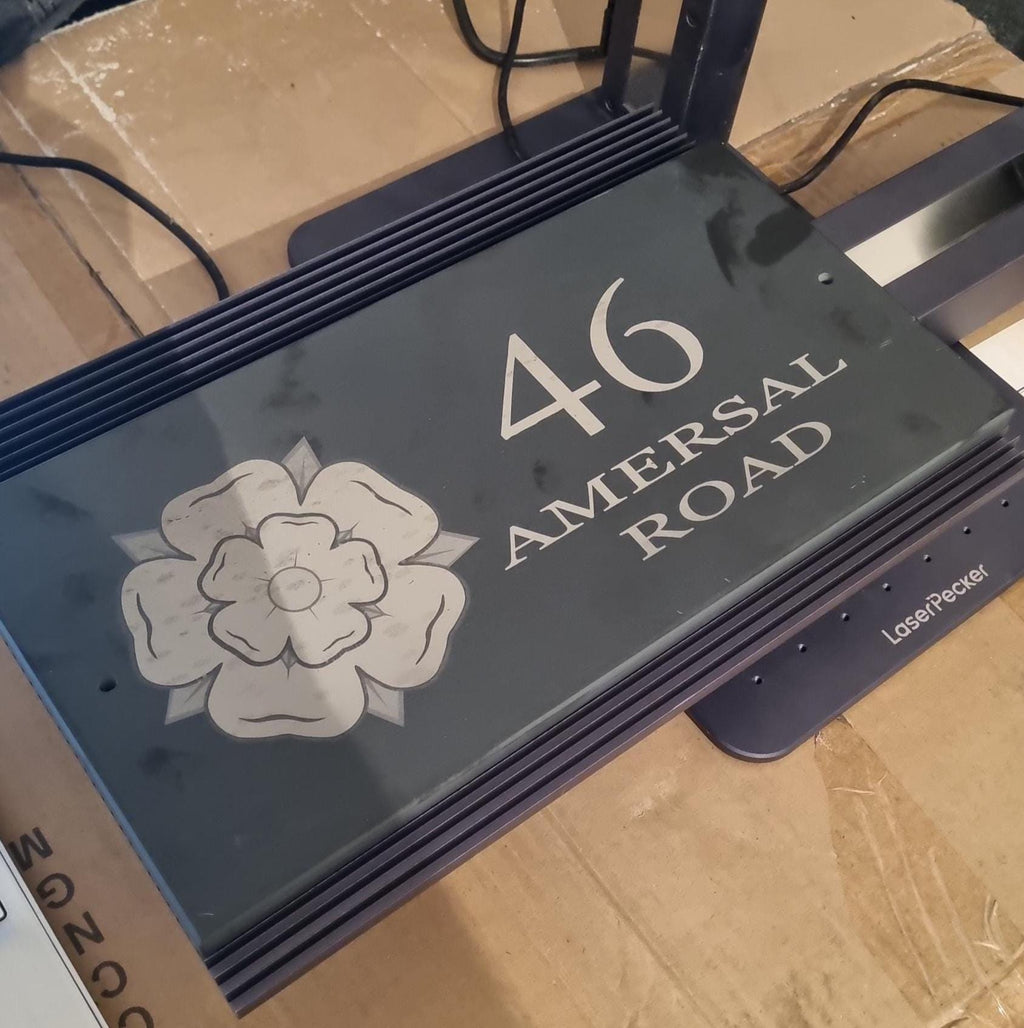 Custom slate house sign 300x150mm, laser engraved with number, street name & image. Pre-drilled, smooth finish, fixings included
