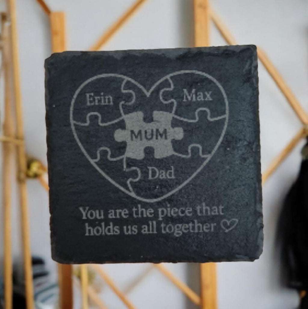 Personalised Slate Coaster | Laser Engraved Heart, Family Names, Mum Gift
