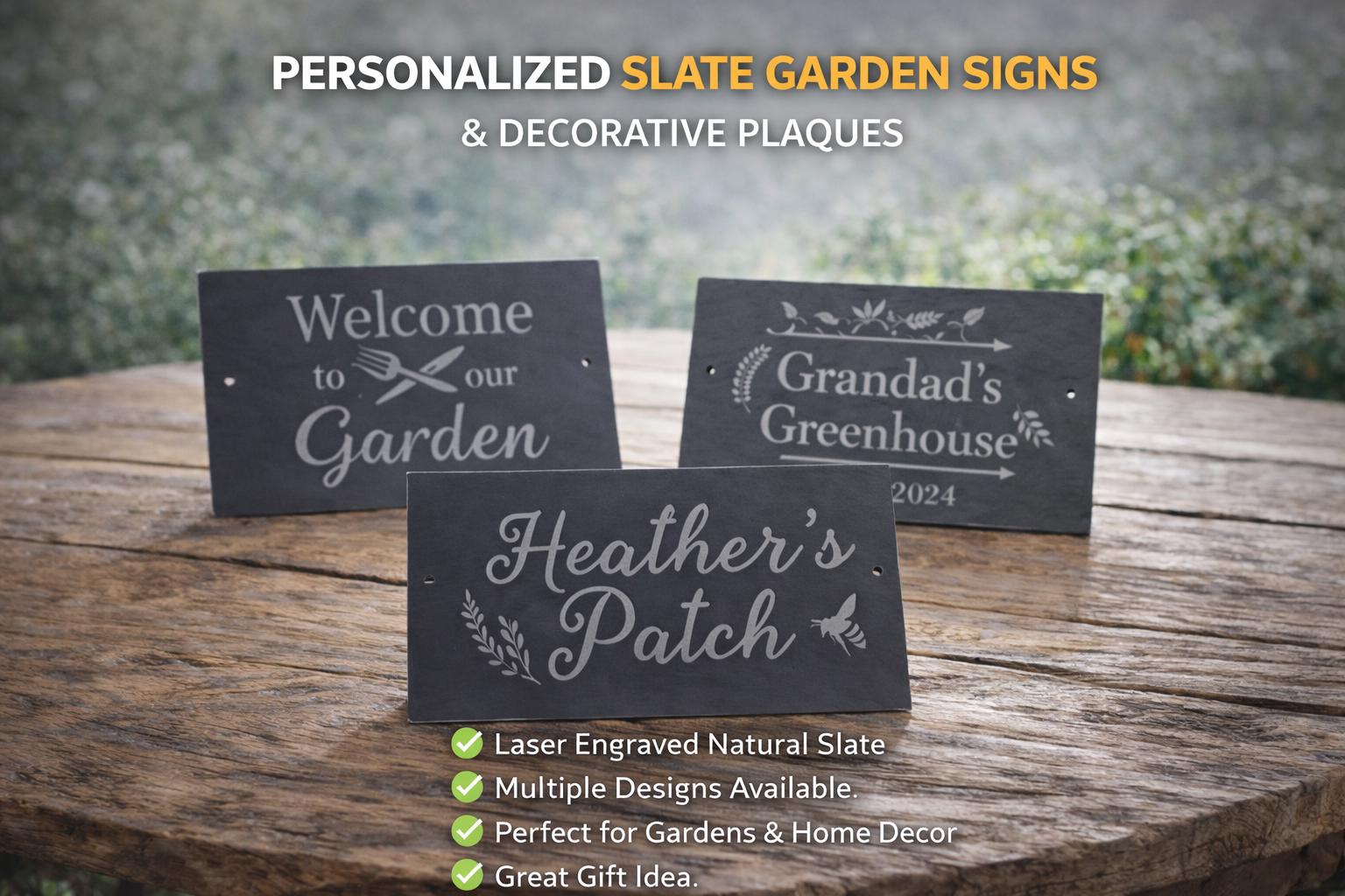 Custom slate house sign 300x150mm, laser engraved with number, street name & image. Pre-drilled, smooth finish, fixings included