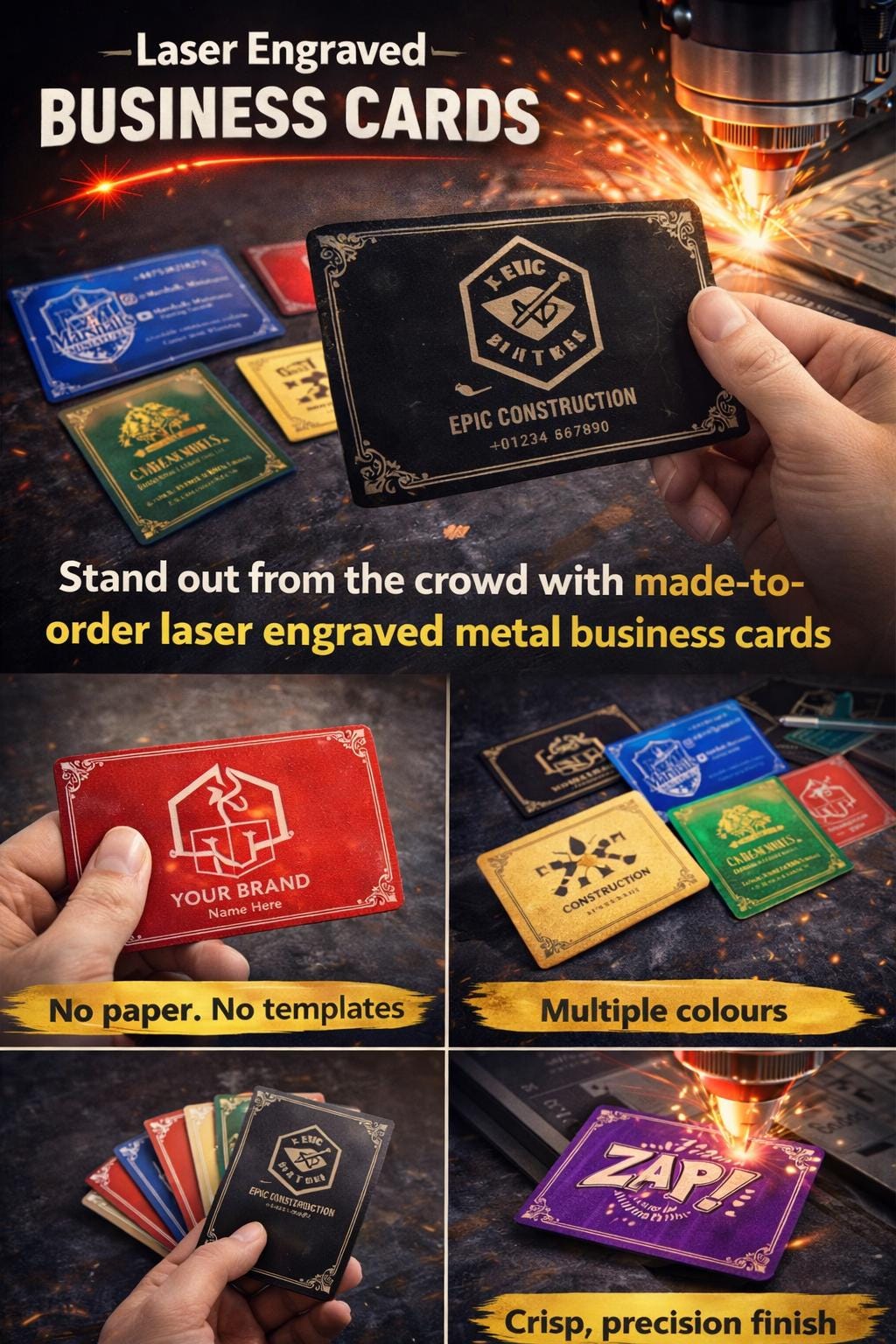 Buisness Cards - Personalised Engraved Metallic Aluminium Business Cards –10 Colours, Custom Logo