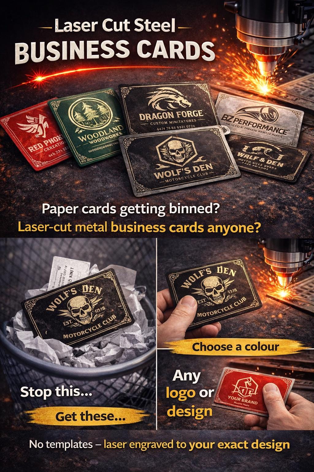 Buisness Cards - Personalised Engraved Metallic Aluminium Business Cards –10 Colours, Custom Logo