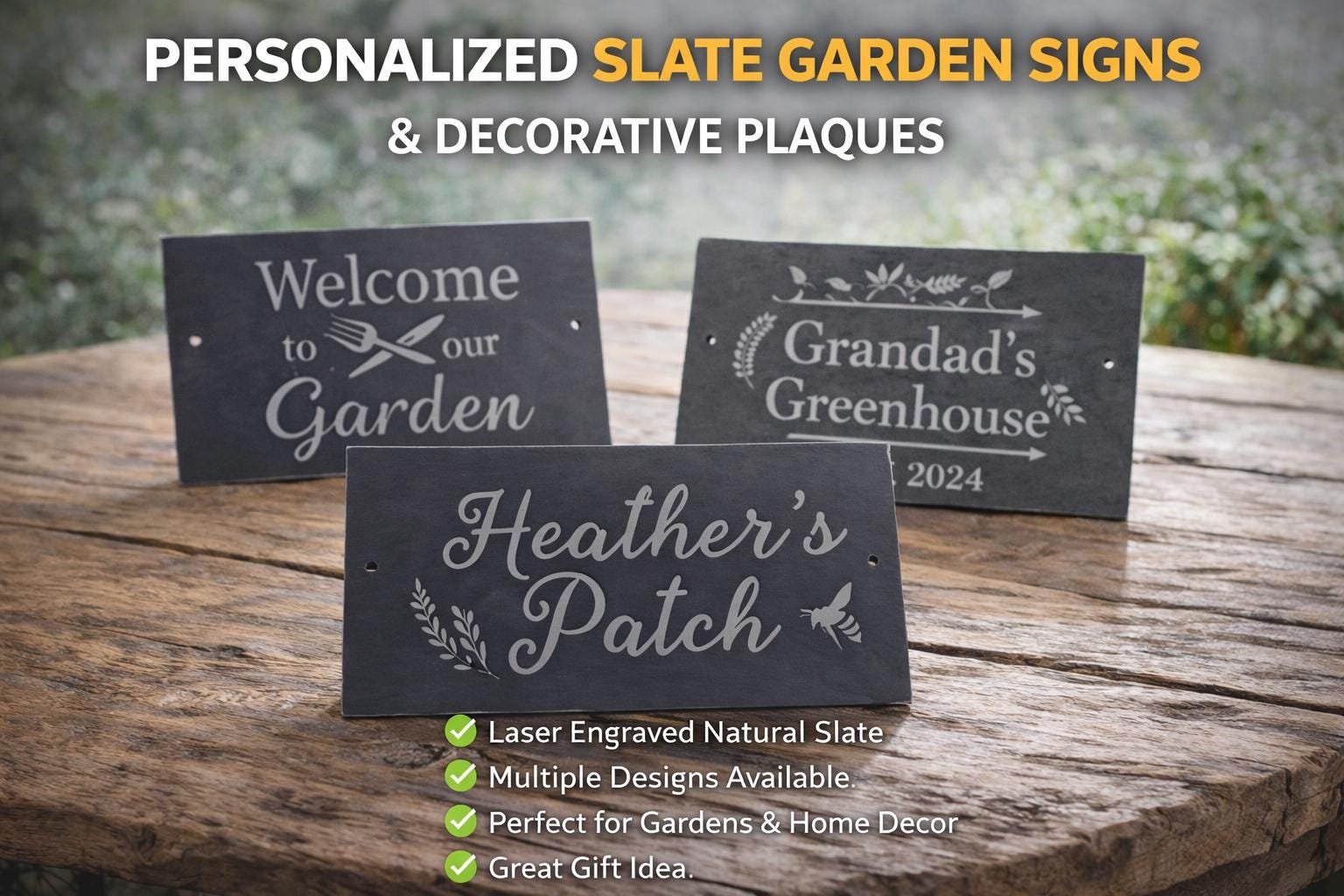 Custom slate house sign 300x150mm, laser engraved with number, street name & image. Pre-drilled, smooth finish, fixings included