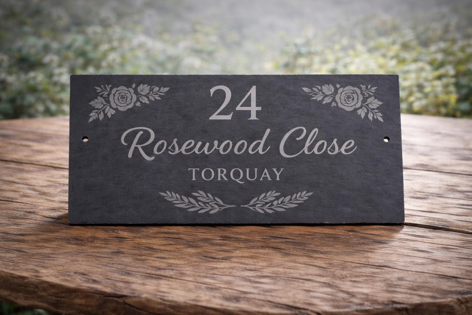 Custom slate house sign 300x150mm, laser engraved with number, street name & image. Pre-drilled, smooth finish, fixings included