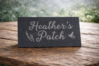 Custom slate house sign 300x150mm, laser engraved with number, street name & image. Pre-drilled, smooth finish, fixings included