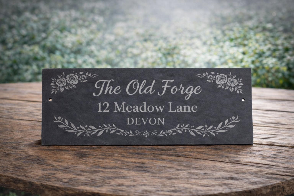 Custom slate house sign 300x150mm, laser engraved with number, street name & image. Pre-drilled, smooth finish, fixings included