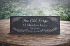 Custom slate house sign 300x150mm, laser engraved with number, street name & image. Pre-drilled, smooth finish, fixings included
