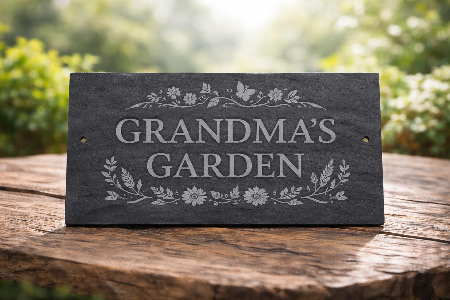 Custom slate house sign 300x150mm, laser engraved with number, street name & image. Pre-drilled, smooth finish, fixings included