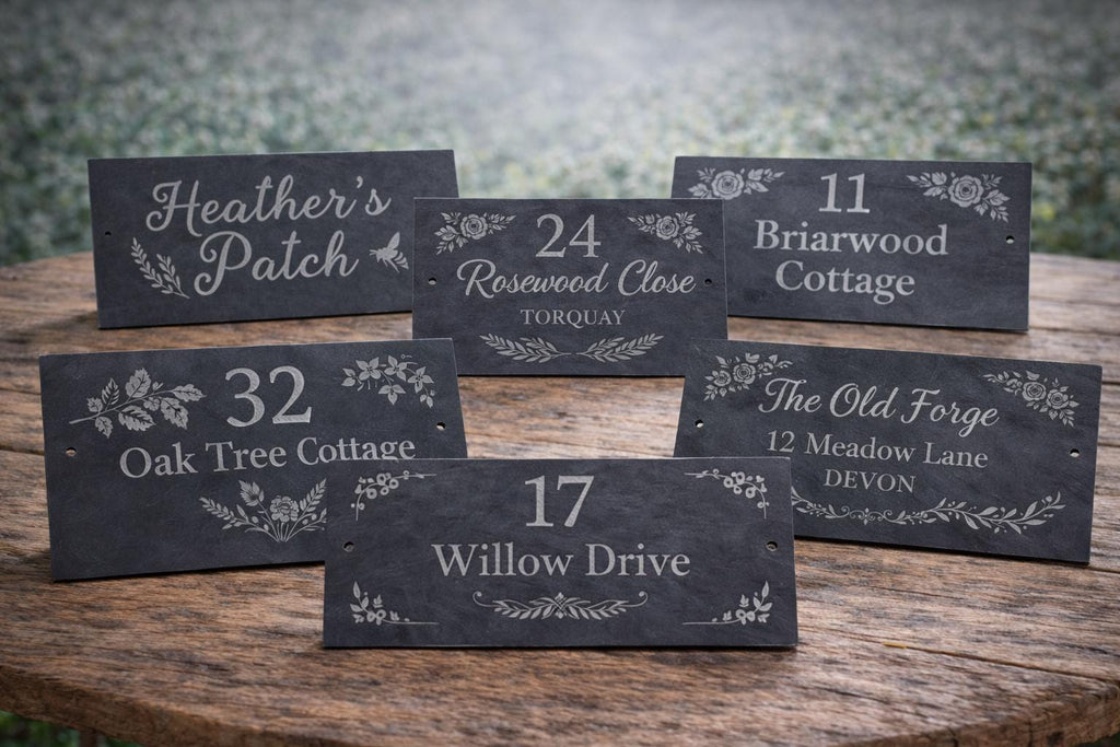 Custom slate house sign 300x150mm, laser engraved with number, street name & image. Pre-drilled, smooth finish, fixings included