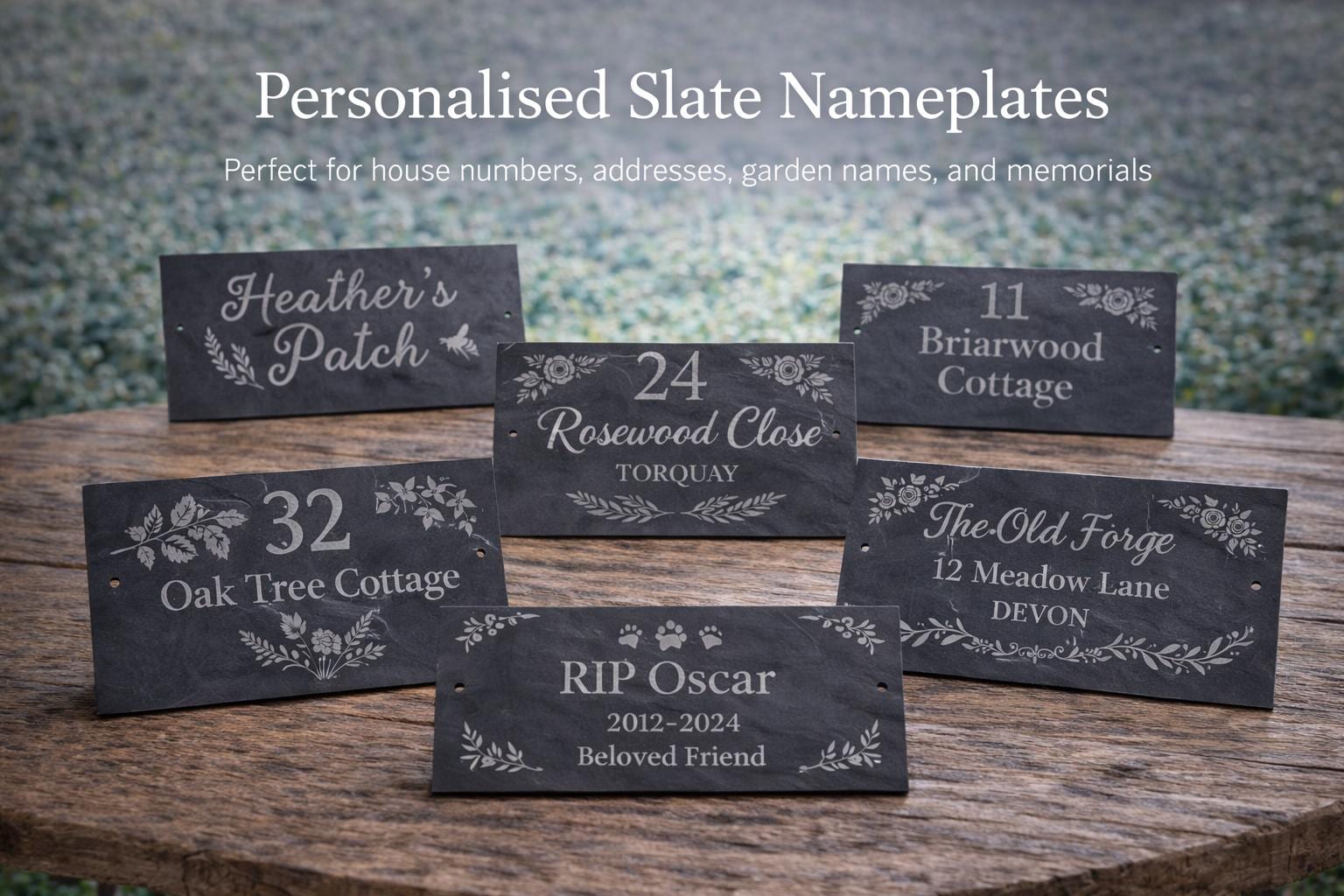 Custom slate house sign 300x150mm, laser engraved with number, street name & image. Pre-drilled, smooth finish, fixings included